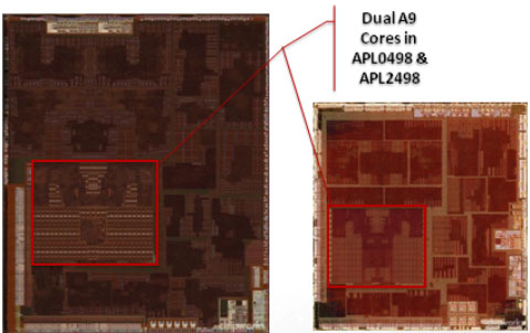 45 нм A5 (слева) против 32 нм A5 (справа) - Источник:   Chipworks